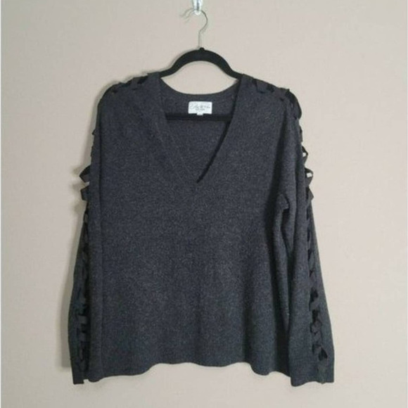 Feel The Piece Lowe Ribbon Lace Up Sleeve Wool V-Neck Sweater Size M/L Gray - Picture 3 of 8